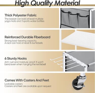 Стойка для гантелей для дому, багаторівнева полиця для зберігання, органайзер для йога-килимка та фасційного ролика, аксесуари для тренувань з роликами та гачками, білий