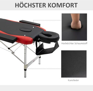Складаний масажний стіл HOMCOM для косметології, алюмінієвий, з регулюванням висоти, підголівником, чорний+червоний, 215x60x61-84 см