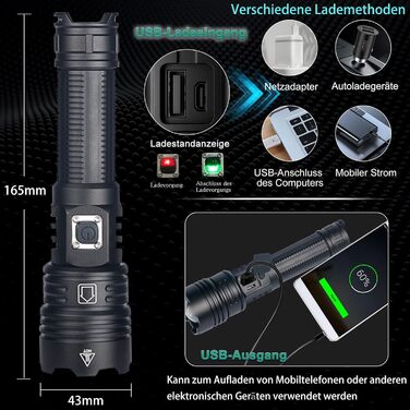 Тактична ліхтарик ASORT 990 000 люмен: USB-зарядка, Zoom, IP67, 10 режимів, для дому, відпочинку, надзвичайних ситуацій