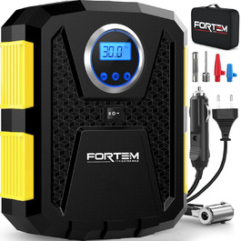 Електричний компресор FORTEM для авто і велосипедних шин, 12В/230В, з LED-підсвічуванням, цифровий манометр, автоматичне відключення