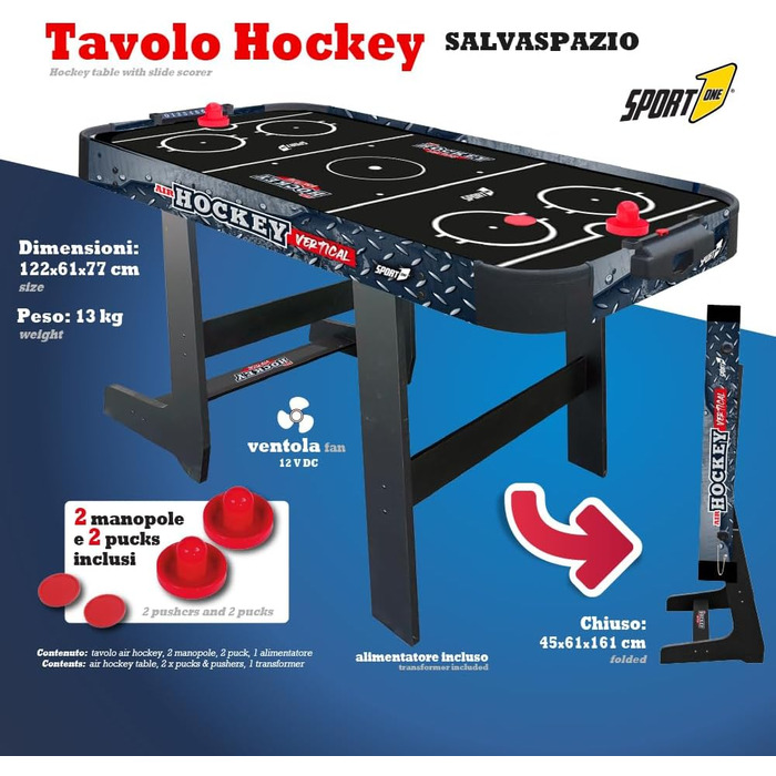 Стіл для повітряного хокею Sport1 Vertikal Klapptisch: компактний, з вентилятором 12V, розмір 121x60x76 см, з підсвіткою та рахунком