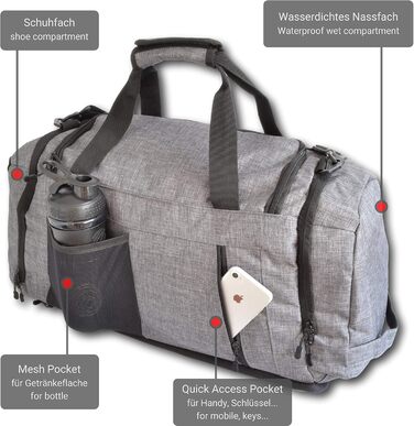 Спортивна сумка Bearformance Ultimate 50L з рюкзаком, відділенням для взуття та вологих речей, сіра, з переробленого PET, для тренажерного залу, подорожей, чоловіків і жінок