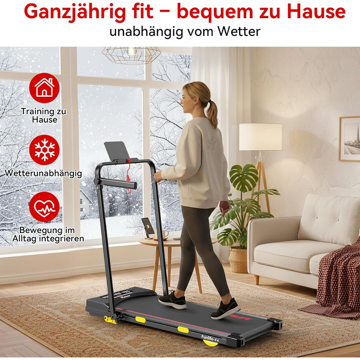 Біговий тренажер FunLife F4 (оновлення 2025) – 4-в-1, складний, з кутом нахилу 7%, керування через додаток, тихий, з двома ручками та страхувальним тросом, 1-12 км/год, для дому, для людей похилого віку, червоний