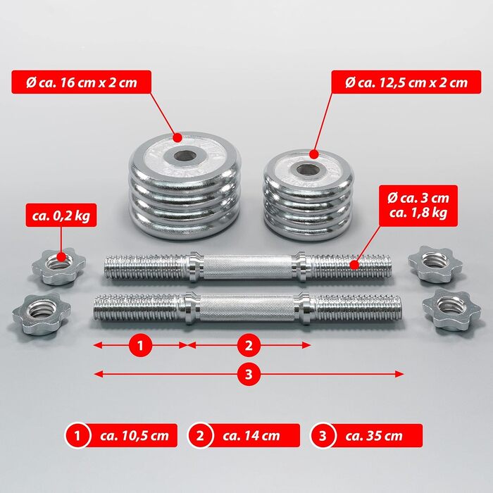 Набір гантелей MAXXIVA 2x10 кг, хром, 8 дисків, зірковий замок, у кейсі, для бодібілдингу та реабілітації, 20 кг