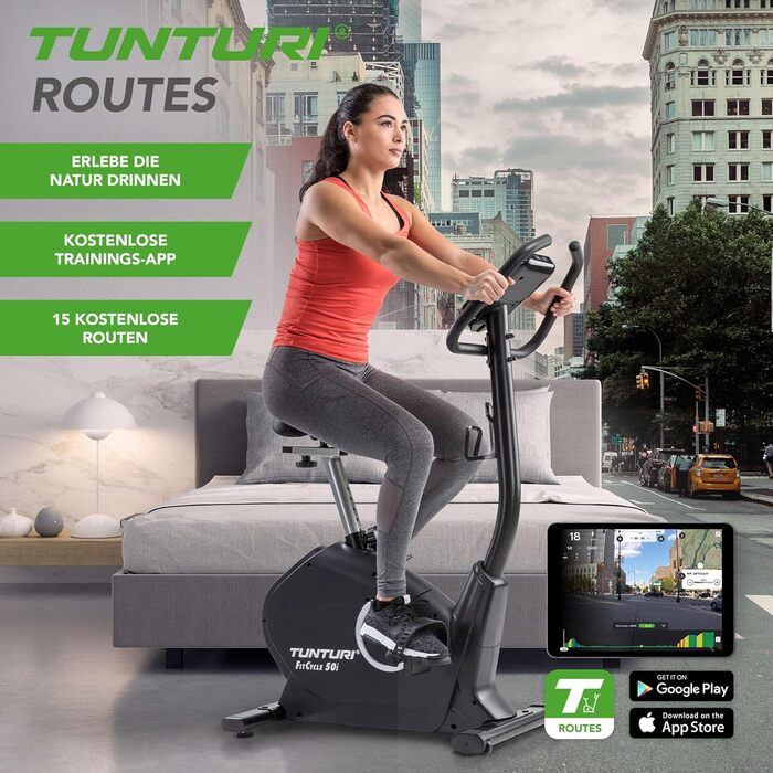 Велотренажер Tunturi FitCycle 50i/70i з LCD-дисплеєм, додатками Zwift і Tunturi Routes, 32 рівня навантаження, сенсором пульсу, для дому, до 150 кг