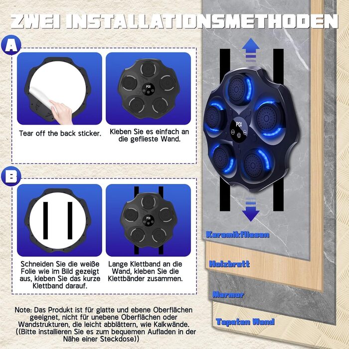 Музична боксерська машина Lvelfe з LED-підсвічуванням, Bluetooth, 9 режимів швидкості та лічильником, чорна