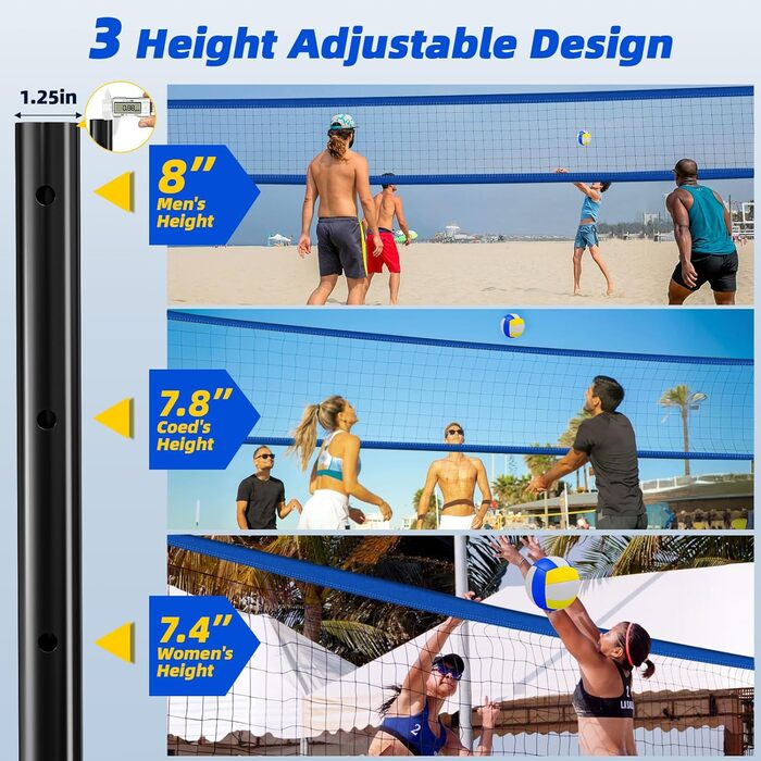 Набір для волейболу на відкритому повітрі: сітка, регульовані стійки, анти-саг дизайн. У комплекті: фіксуюча пластина для пляжу, табло, лінія ворот та сумка для перенесення.