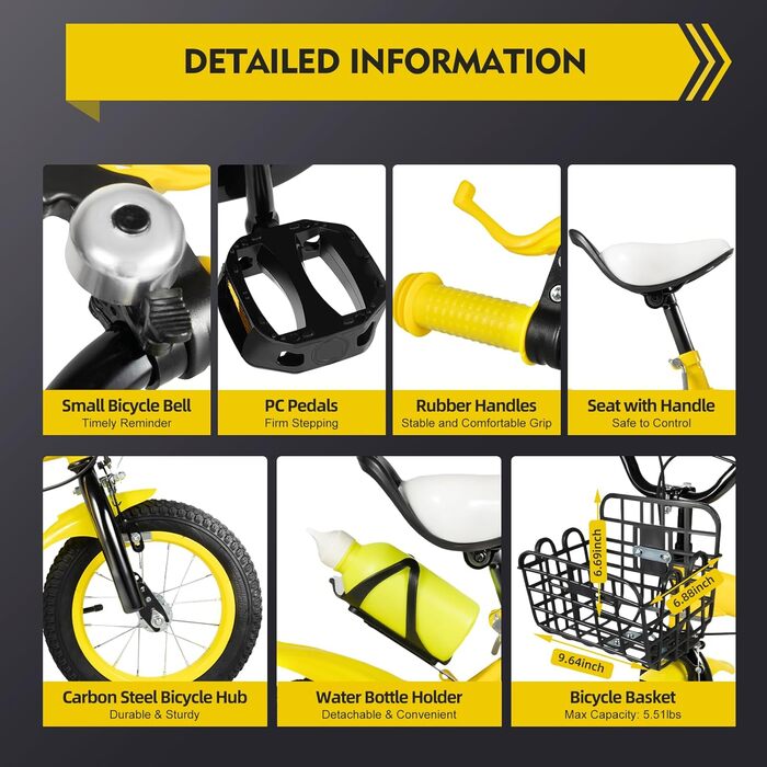 Дитячий велосипед 12 дюймів для дівчаток та підлітків, 3-6 років, з кошиком (жовтий)