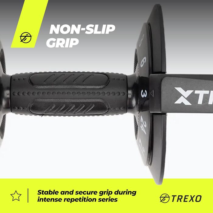 Регульована гантель TREXO 18-40 кг з поворотним регулятором ваги. Залізна гантель для силових тренувань з ергономічною ручкою.