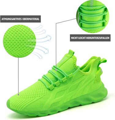 Чоловічі кросівки Linenghs для бігу, занять спортом та прогулянок. Легкі, дихаючі, чорні, з акцентами флуоресцентного зеленого (40 EU)