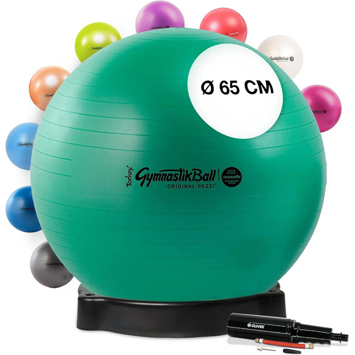 Фітбол Pezziball MAXAFE 42-75 см з підставкою та насосом, зелений, 65 см