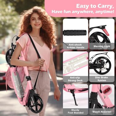 Дитячий складаний самокат з великими колесами 200 мм, гальма дискові, регульована висота, для дітей 8-15 років (Рожевий)