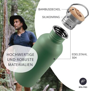 Водяна пляшка Bambaw з нержавіючої сталі 1л | Багаторазова еко-пляшка | Для кемпінгу та походів | Без пластику | Спортивна пляшка, не протікає (750 мл, м'ятний)