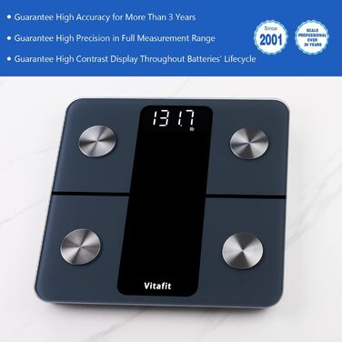 Ваги для аналізу складу тіла Vitafit з Bluetooth, до 180 кг, вимірювання жиру, м'язової маси, ІМТ, білка, BMR, чорні, з додатком