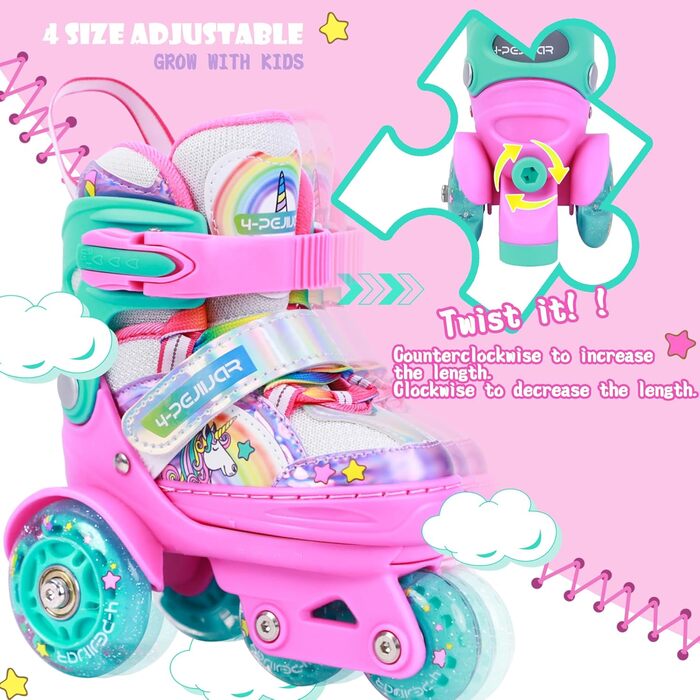 Дитячі ролики Kinder Einhorn для дівчаток, 3-6 років, з підсвічуванням, регульовані, 4 колеса, для початківців, рожеві
