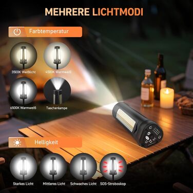 Портативна LED кемпінгова лампа на акумуляторі 15000mAh з телескопічним штативом, 5500LM, IP65, вологостійка, для кемпінгу, подорожей, будівництва та надзвичайних ситуацій (чорна)