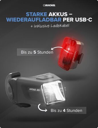 Набір переднього та заднього велоліхтаря Büchel Ahead 35/15 Lux, StVZO, USB, чорний