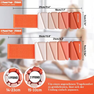 Набір манжетів для ніг BECOJADDE (0.45kg/0.9kg) для жінок та чоловіків. Регульовані ваги для ніг та рук. Ідеально для дому, пілатесу, йоги, ходьби, бігу та тренувань. (Оранжевий, по 0.9kg, пара 1.8kg)