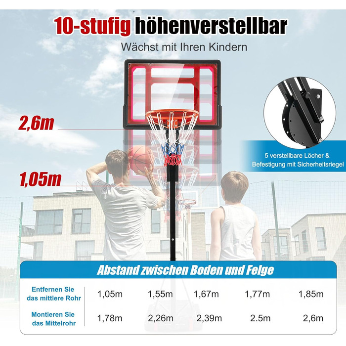 Баскетбольний кошик GOPLUS вуличний з підставкою, регульована висота 105-260 см, портативний баскетбольний стенд на колесах для дітей та підлітків