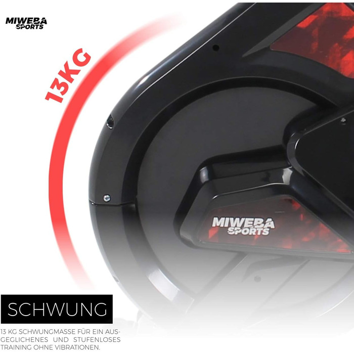 Велотренажер Miweba Sports MS300 для дому, 13 кг маховик, до 100 кг, амортизатор, тримач для планшета, транспортні ролики, регулювання, ергометр, спін-байк чорний