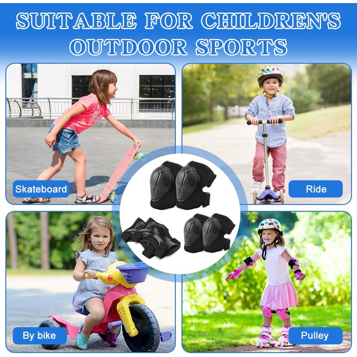 Набір наколінників Kinder 6 в 1: захист колін, ліктів, зап'ясть для скейтбордингу, інлайнів, Hoverboard, велосипеда (чорний)