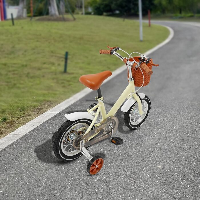 Дитячий велосипед 12 дюймів для дітей 2-4 років з кошиком та додатковими колесами, регульоване сидіння та кермо, подвійний режим гальма (жовтий)
