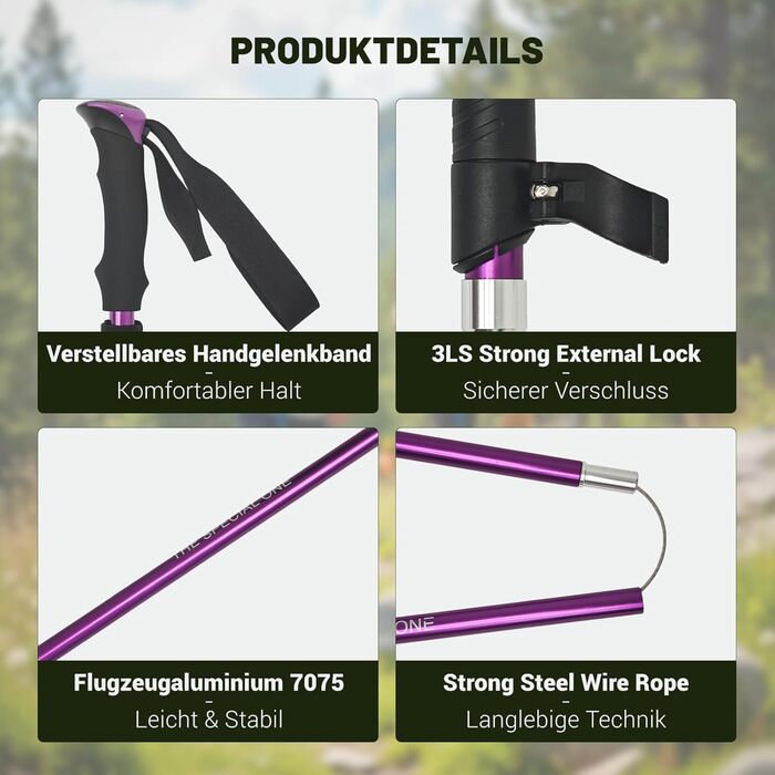 Чоловічі та жіночі палки для скандинавської ходьби, 2 шт. Телескопічні палки для трекінгу з алюмінію з гумовими амортизаторами, фіолетовий колір