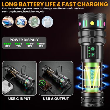 Потужний тактичний ліхтарик LEKIA 900000LM з зумом, 11 режимів, 5000mAh, водонепроникний, для кемпінгу
