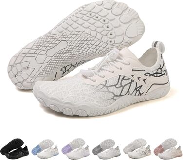 Жіночі босі барфути, водяні черевики з п'ятипалою підошвою, антиковзаюча поверхня, швидковисихаюча система дренажу, легкі босі черевики для багатоцільових активностей, білий/блакитний, 36-47 EU (Whiteblack 811, 43 EU)