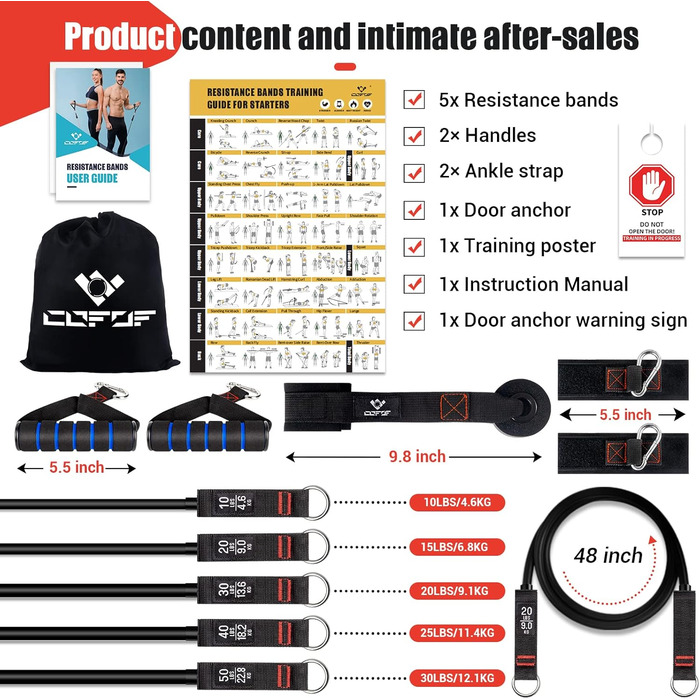 Набір еластичних стрічок для фітнесу, 5 шт. (150lbs), з ручками та кріпленням для дверей, для пілатесу та силових тренувань, чорний