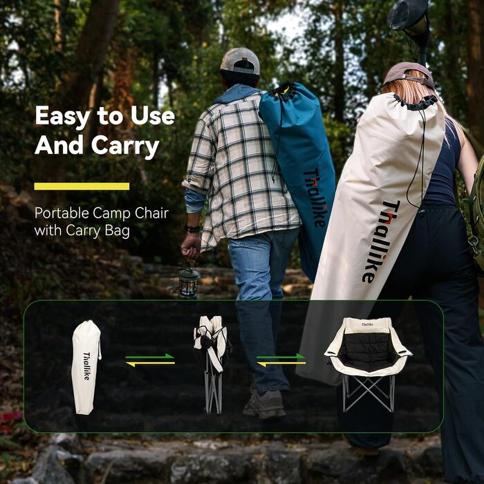 Великий складаний стілець для кемпінгу Thallike, XL, з підлокітниками, для дорослих, для відпочинку на природі, риболовлі, спорту (Чорний)