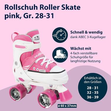 Роликові ковзани Hudora, чорні, регульовані, ABEC 3, підшипники Carbon, нейлонові черевики, алюмінієвий корпус, розмір 32-35, для дітей та підлітків (рожевий, 31)