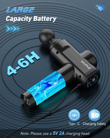 Масажний пістолет EKUPUZ, 30 швидкостей, 6 насадок, для м'язів, з USB-C, для шиї, спини, плечей, чорний