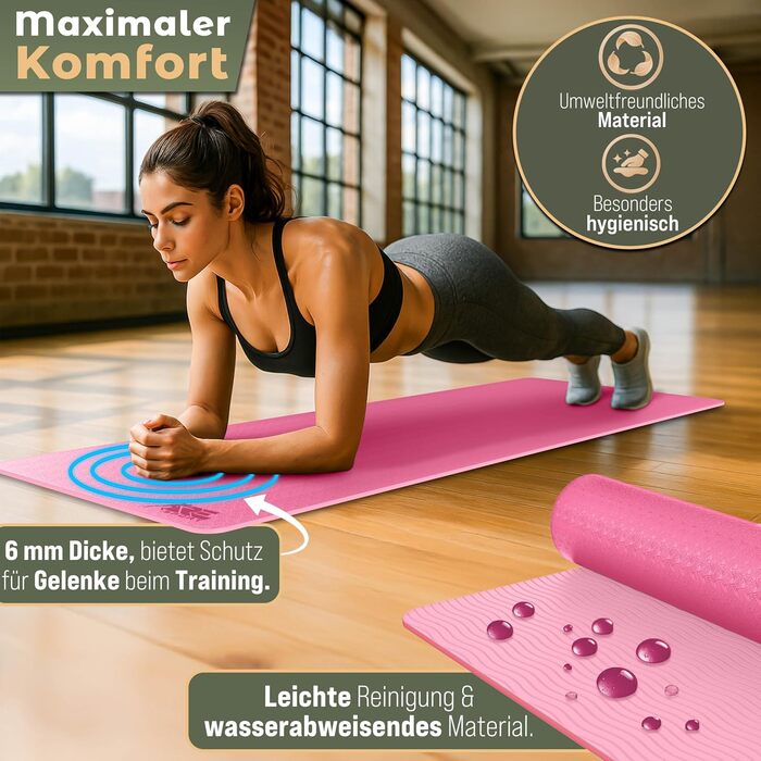 Йога мат RE:SPORT, рожева, 183x61x0.6 см, з ручкою для перенесення, не містить фталатів