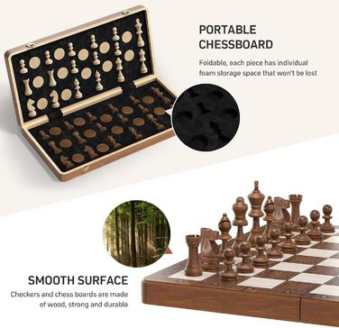 Магнітна шахова дошка 2в1 Paom 40.5x40.5 см: дерев'яна, складана, з фігурами для дорослих та дітей