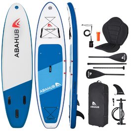 SUP дошка Abahub надувна, комплект для Stand Up Paddling (Блакитний/Зелений/Помаранчевий/Червоний), з регульованим алюмінієвим веслом та сидінням для каякінгу, 320x78/84x15 см