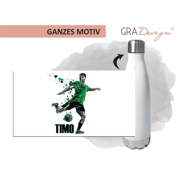 Іменна спортивна термос-пляшка GRAZDesign, 500 мл, нержавіюча сталь, для дітей та дорослих, герметична, з принтом футбол, зелена – подарунок на перший дзвоник
