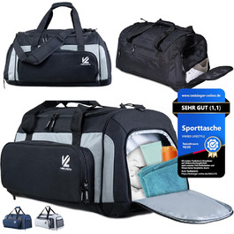 Спортивна сумка VL® з відділенням для взуття, мокрою одежі, ізольованим кульковим відділенням, сауною та туристичною сумкою для жінок та чоловіків. 50 л, чорно-сірий/чорно-срібний