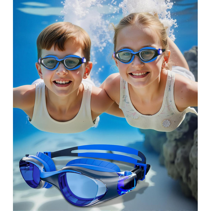 Дитячі окуляри для плавання Schwimmbrille: захист від УФ-променів та запобігання запотіванню, водонепроникні, для хлопчиків та дівчаток 6-14 років, сині + темно-сині