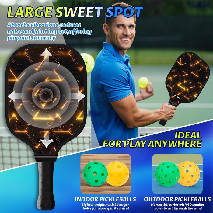 Набір для піклболу JOY SPOT! 2 ракетки + 4 м'ячі + сумка – Легкі ракетки з скловолокном для чоловіків, жінок та початківців – Для гри в приміщенні та на вулиці (Lava)