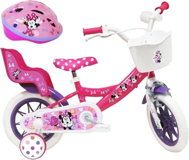 Дитячий велосипед 12 дюймів Disney Minnie Mouse з кошиком, тримачем для ляльки, гальмом, захисним щитком і шоломом, рожевий, для дівчаток