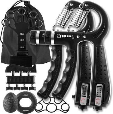 Набір для тренування сили хвата (7 шт.): регульовані тренажери зап'ястя, сумка для зберігання, розтягувач пальців, тренажер зап'ястя, кільце для тренувань та куля для зняття стресу