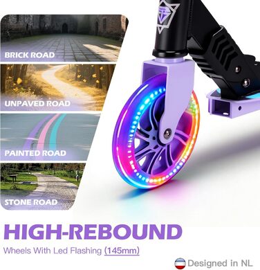 Самокат дитячий SUOTU з колесами 145 мм, до 100 кг, світлодіоди, складаний, регульована висота, алюмінієвий (Чорно-фіолетовий) для хлопчиків та дівчаток 3-12 років