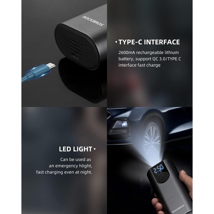 ROCKBROS Електричний насос-автокомпресор 2600mAh, 150PSI для авто, мото, велосипедів, м'ячів з LED та датчиком тиску