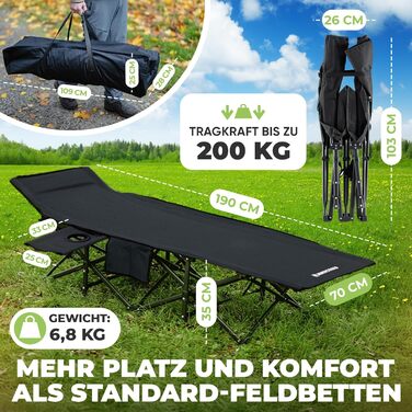 NORDICTRAILS Кемпінгове ліжко NORDICTRAILS - розкладне ліжко для кемпінгу XXL | Зручне, легке та широке для відпочинку на природі | Гостьове ліжко, лежак, розкладне ліжко, ліжко для риболовлі, ліжко для кемпінгу з надзвичайно м'яким матрацом (Без матраца,