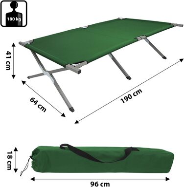 BB Sport Розкладне ліжко-крісло для кемпінгу, 190 x 64 x 41 см, сталевий каркас, 180 кг, з сумкою (зелене)