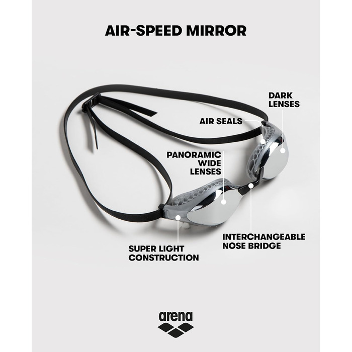 Окуляри для плавання ARENA Airspeed Mirror антифог для дорослих, з широкими лінзами, UV-захистом, 3 змінними переніссями, герметичні, дзеркальні