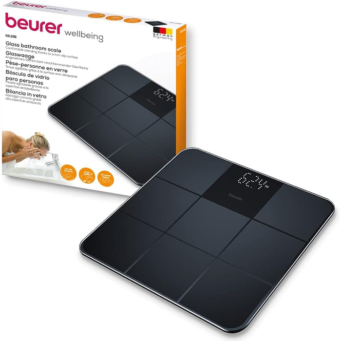 Beurer GS 235 електронна скляна вага для людей з Magic-Display, антиковзка матова поверхня під плитку, автоматичне вмикання/вимикання, чорна