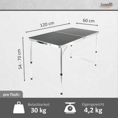 Складний кемпінговий стіл Lemodo чорний, регульована висота, 120x60 см | Паті-стіл для пікніка та відпочинку