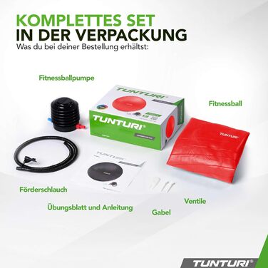 Фітнес-м'яч Tunturi Anti-Burst з насосом, 65 см - для йоги, пілатесу, вагітності, 220 кг, з тренувальним додатком, червоний
